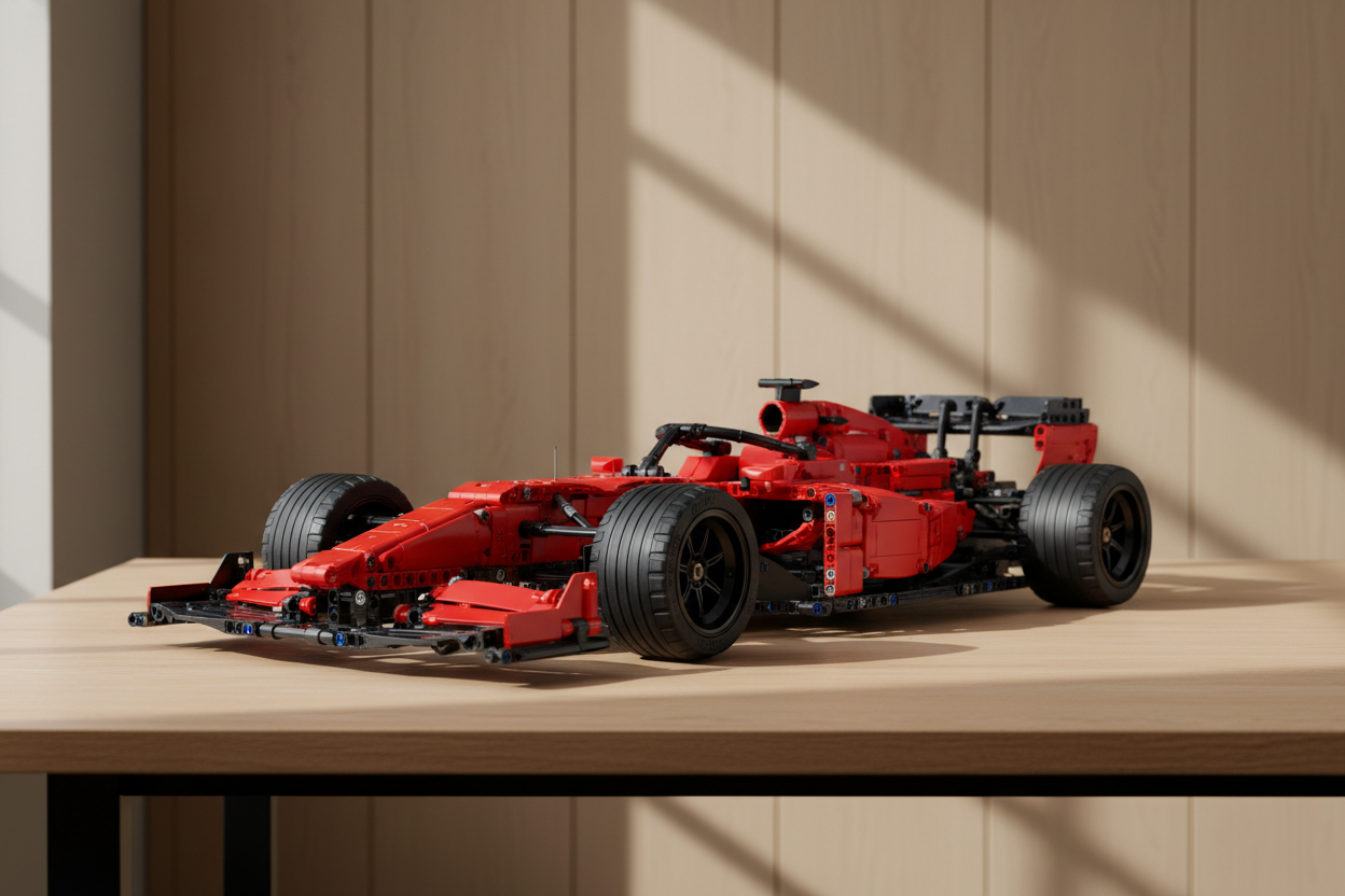 Create a high-resolution product photo of a realistic red Formula 1 race car building-block model placed on a modern light-wood table in a minimalistic interior.
The car should be detailed, with large tires, front and rear wings, and visible technical parts, shot from a low 3/4 angle.
Soft natural indoor lighting, shallow depth of field, neutral beige background with vertical panels, no people, no text, no branding or logos.
Ultra sharp, studio quality, perfect for an ecommerce product image.